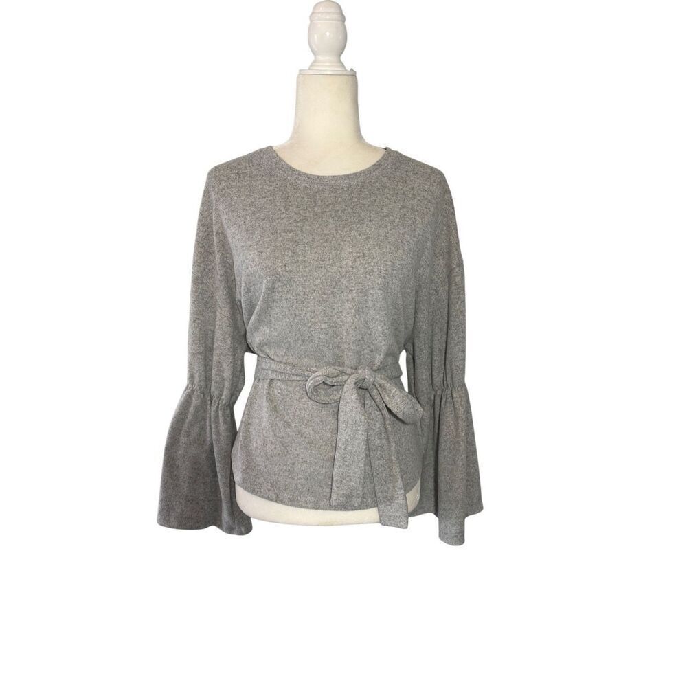 Mustard Seed gray bell sleeved sweater with waist tie - M